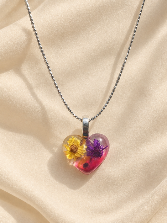 Wildflower Heart Necklace - Handmade memory necklace with wildflower heart pendant