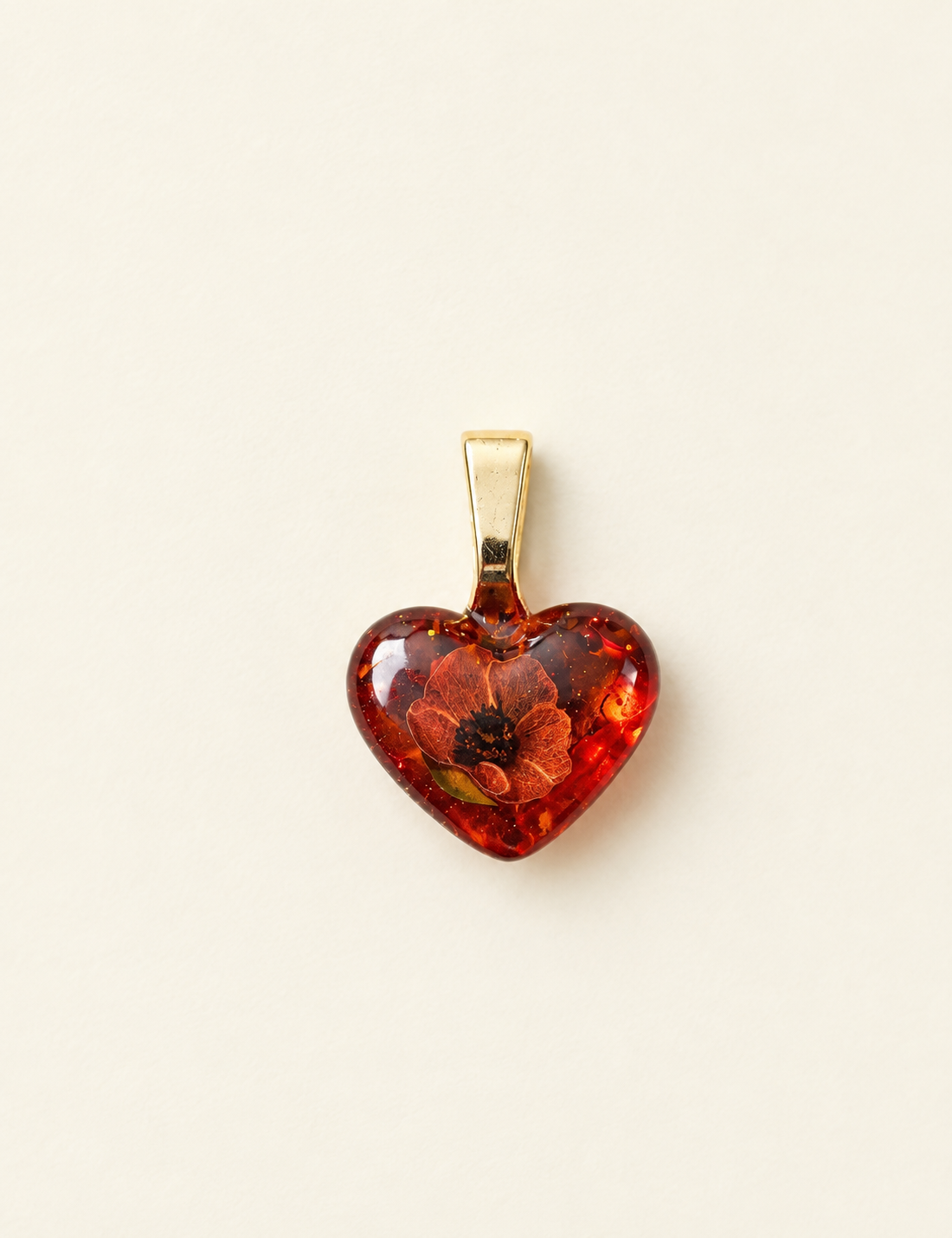 Amber Poppy Heart – Handmade NFC Resin Pendant (SOLD)