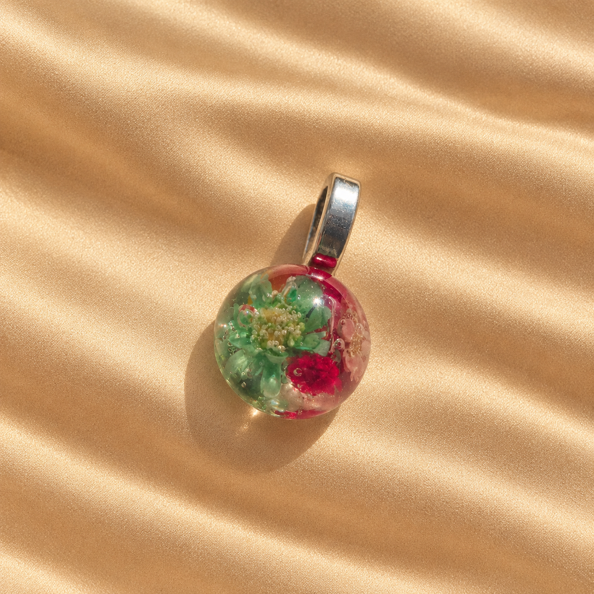 Red Floral Garden Orb Charm - Handmade memory charm with mixed flowers