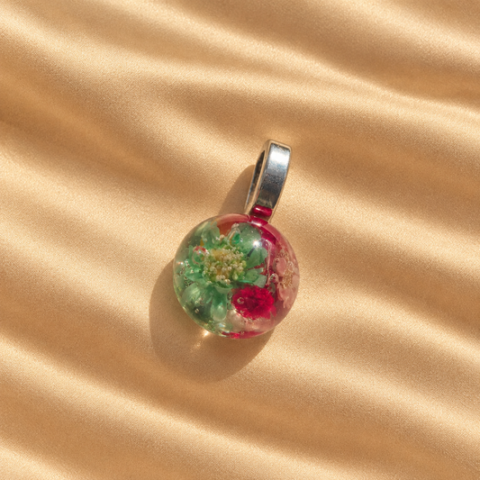 Red Floral Garden Orb Charm - Handmade memory charm with mixed flowers
