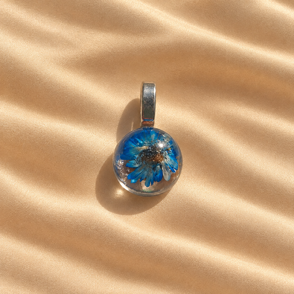 Blue Daisy Flower Orb Charm - Handmade memory charm with preserved blue daisy