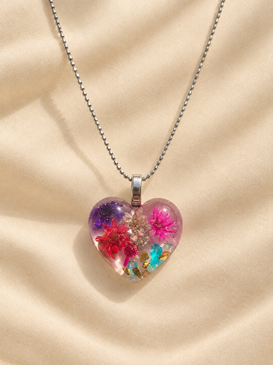 Rainbow Floral Heart Necklace - Handmade memory necklace with rainbow floral heart pendant